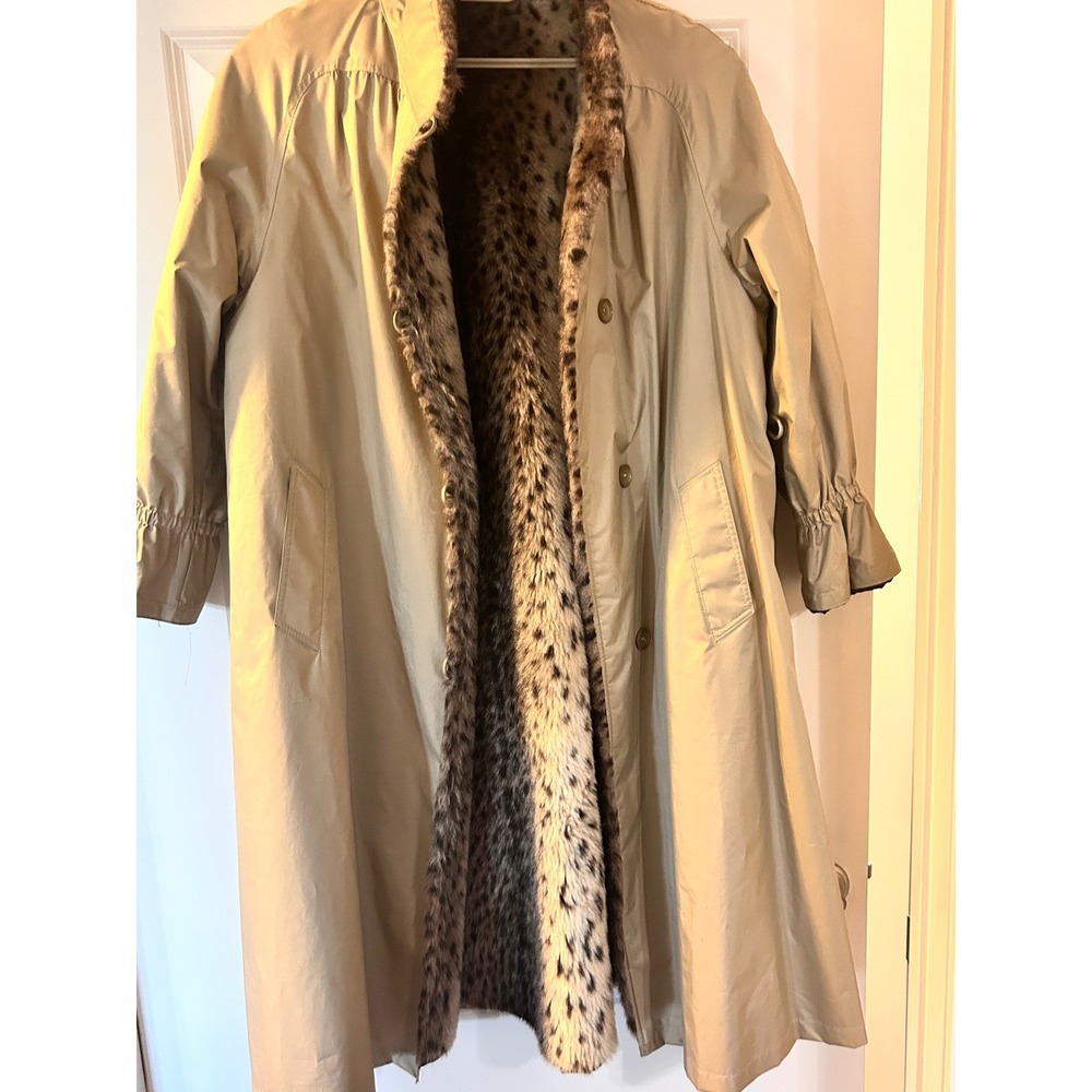 Vintage ILGWU Faux Fur Leopard Lined Trench Coat Tan Long Rain Jacket Size 16